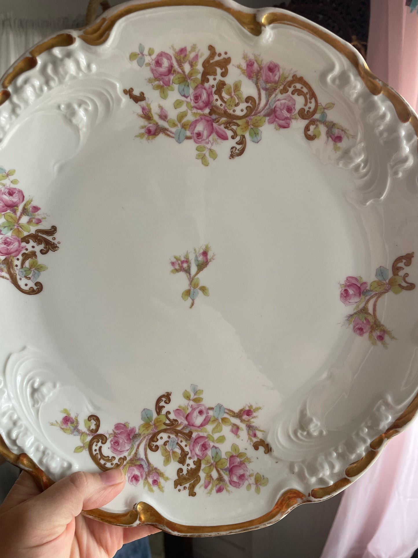 Hand Painted - Jean Pouyat Limoges France - Pink Flower Floral Cake Plate
