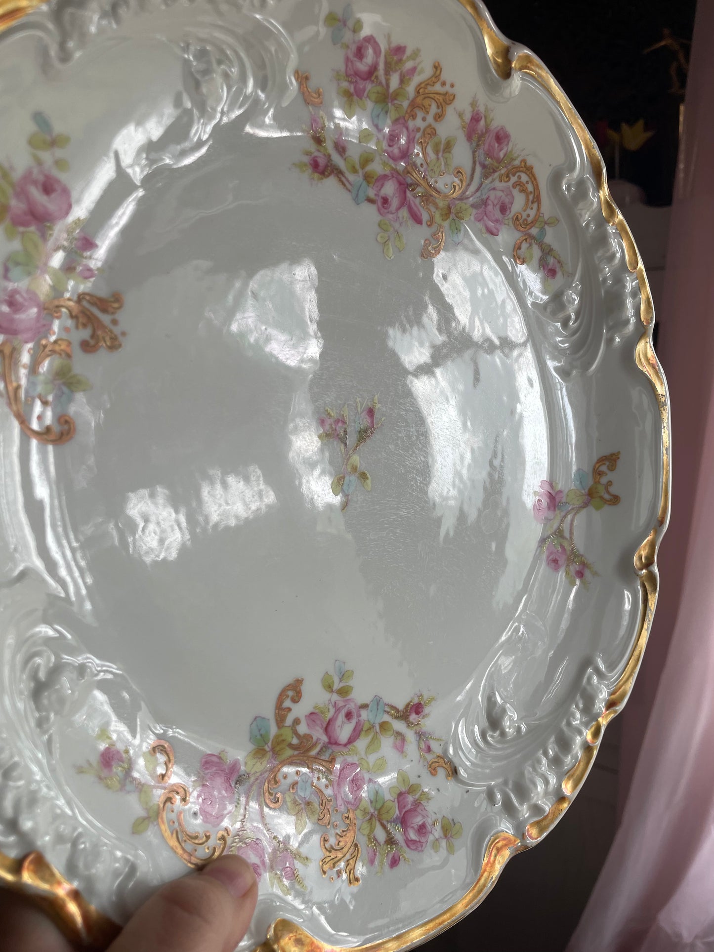 Hand Painted - Jean Pouyat Limoges France - Pink Flower Floral Cake Plate