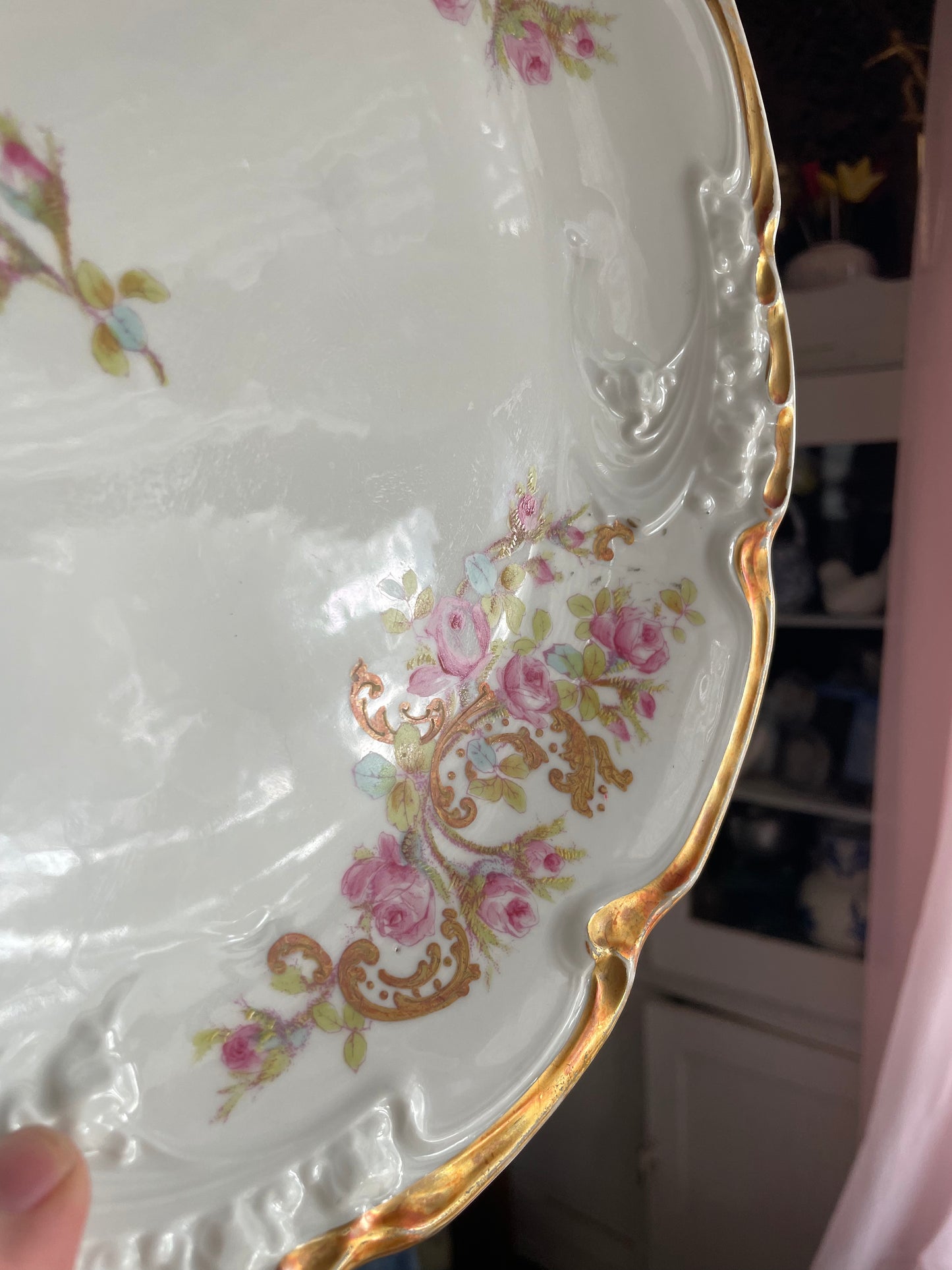 Hand Painted - Jean Pouyat Limoges France - Pink Flower Floral Cake Plate
