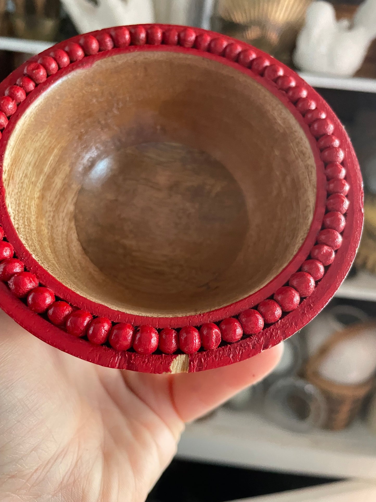 Small Wooden Bowls with Red Bead Rim