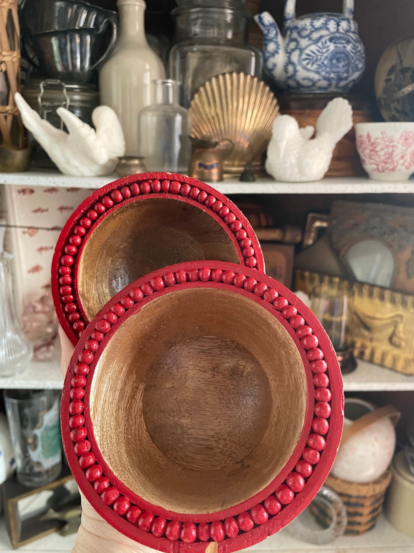 Small Wooden Bowls with Red Bead Rim