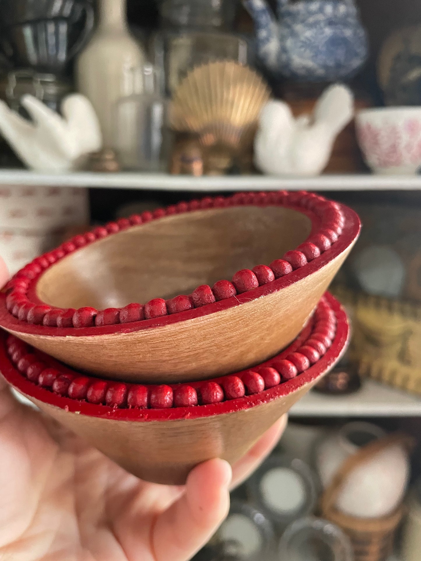 Small Wooden Bowls with Red Bead Rim