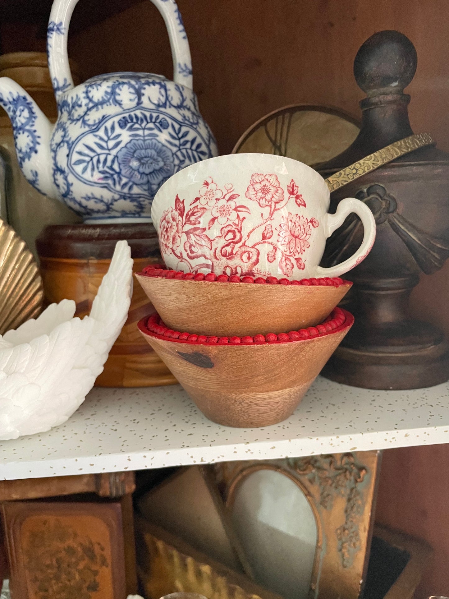 Small Wooden Bowls with Red Bead Rim